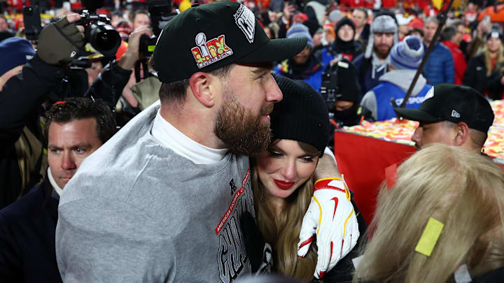 Jan 26, 2025; Kansas City, MO, USA; Recording artist Taylor Swift and Kansas City Chiefs tight end Travis Kelce (87) react after the AFC Championship game against the Buffalo Bills at GEHA Field at Arrowhead Stadium. Jan 26, 2025; Kansas City, MO, USA; Recording artist Taylor Swift and Kansas City Chiefs tight end Travis Kelce (87) react after the AFC Championship game against the Buffalo Bills at GEHA Field at Arrowhead Stadium.
