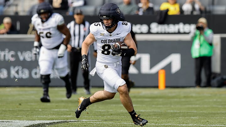 Apr 19, 2025; Boulder, CO, USA; Colorado Buffaloes tight end Zach Atkins (85) during the spring game at Folsom Field. 