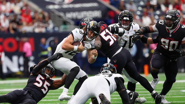 Nov 9, 2025; Houston, Texas, USA;Jacksonville Jaguars quarterback Trevor Lawrence (16) is sacked by Houston Texans defensive end Danielle Hunter (55) in the second half at NRG Stadium. Mandatory Credit: Thomas Shea-Imagn Images Nov 9, 2025; Houston, Texas, USA;Jacksonville Jaguars quarterback Trevor Lawrence (16) is sacked by Houston Texans defensive end Danielle Hunter (55) in the second half at NRG Stadium. Mandatory Credit: Thomas Shea-Imagn Images