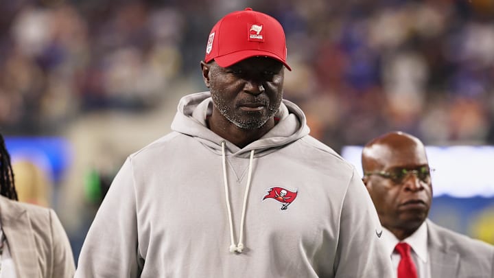 Nov 23, 2025; Inglewood, California, USA; Tampa Bay Buccaneers head coach and defensive coordinator Todd Bowles walks off the field during halftime against the Los Angeles Rams at SoFi Stadium. Mandatory Credit: Kiyoshi Mio-Imagn Images
