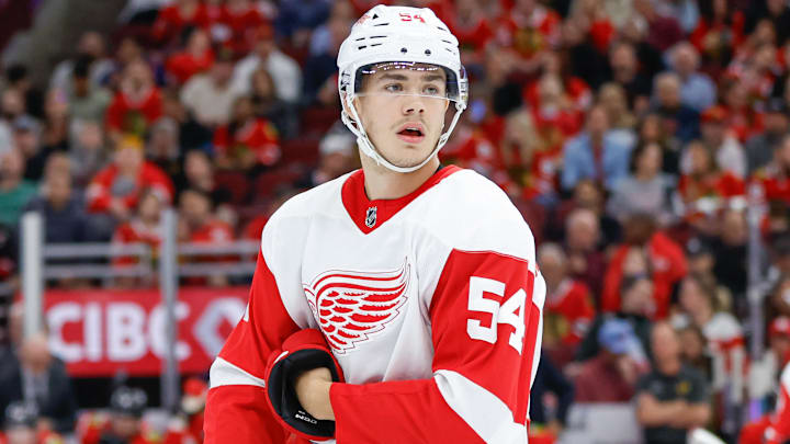 Oct 3, 2023; Chicago, Illinois, USA; Detroit Red Wings defenseman William Wallinder (54) looks on during the first period of a preseason hockey game against the Chicago Blackhawks at United Center. Mandatory Credit: Kamil Krzaczynski-Imagn Images