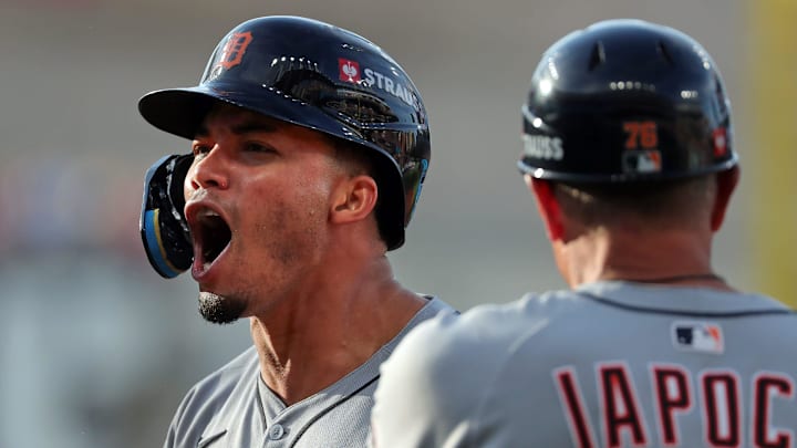Detroit Tigers right fielder Wenceel Perez (46) celebrates after his RBI single during the seventh inning of Game 3 of the American League Wild Card Series at Progressive Field, Oct. 2, 2025, in Cleveland, Ohio.