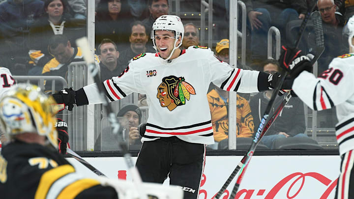 Oct 9, 2025; Boston, Massachusetts, USA; Chicago Blackhawks defenseman Louis Crevier (46) reacts after scoring a goal during the second period against the Boston Bruins at TD Garden. Mandatory Credit: Bob DeChiara-Imagn Images Oct 9, 2025; Boston, Massachusetts, USA; Chicago Blackhawks defenseman Louis Crevier (46) reacts after scoring a goal during the second period against the Boston Bruins at TD Garden. Mandatory Credit: Bob DeChiara-Imagn Images