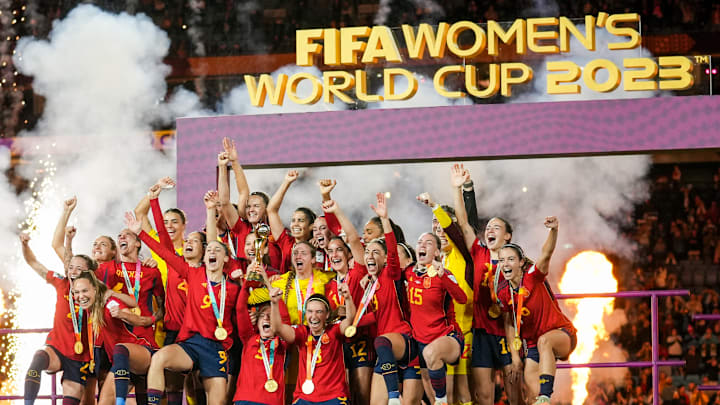 Spain team celebrates after winning the Women's World Cup...