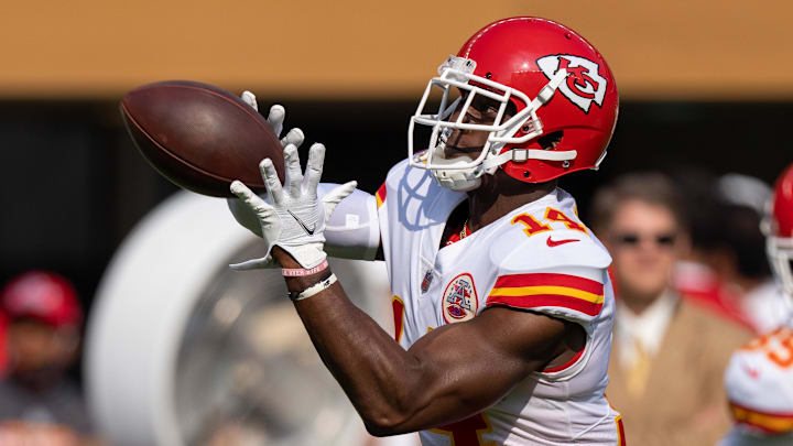 August 14, 2021; Santa Clara, California, USA; Kansas City Chiefs wide receiver Cornell Powell (14) before the game against the San Francisco 49ers at Levi's Stadium. Mandatory Credit: Kyle Terada-Imagn Images