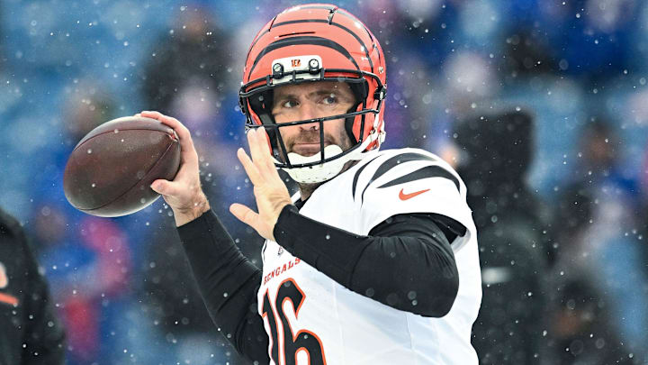 Dec 7, 2025; Orchard Park, New York, USA; Cincinnati Bengals quarterback Joe Flacco (16) warms up before a game against the Buffalo Bills at Highmark Stadium. Mandatory Credit: Mark Konezny-Imagn Images