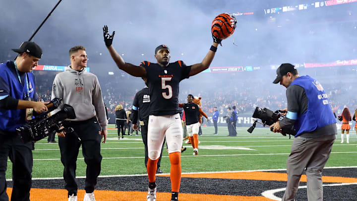 Dec 28, 2024; Cincinnati, Ohio, USA;  Cincinnati Bengals wide receiver Tee Higgins (5) celebrates following the overtime win against the Denver Broncos at Paycor Stadium. Mandatory Credit: Joseph Maiorana-Imagn Images