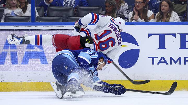 Apr 15, 2026; Tampa, Florida, USA; Tampa Bay Lightning center Yanni Gourde (37) collides with New York Rangers center Vincent Trocheck (16) in the third period at Benchmark International Arena. Mandatory Credit: Nathan Ray Seebeck-Imagn Images