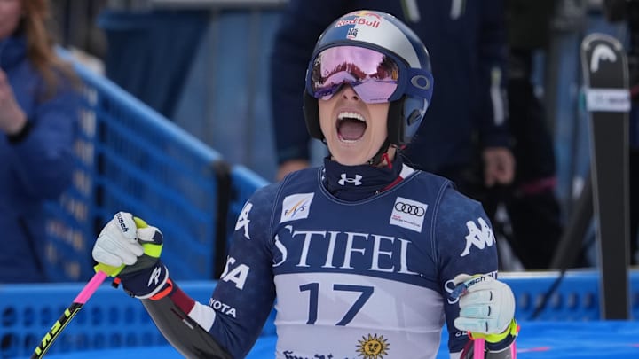 Lindsey Vonn celebrates her 2025 super-G podium at Sun Valley.