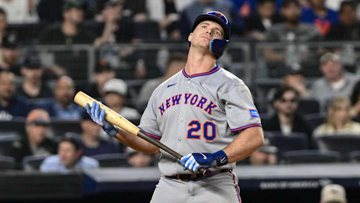 May 16, 2025; Bronx, New York, USA; New York Mets first baseman Pete Alonso (20) reacts after striking out against the New York Yankees during the eighth inning at Yankee Stadium. Mandatory Credit: John Jones-Imagn Images May 16, 2025; Bronx, New York, USA; New York Mets first baseman Pete Alonso (20) reacts after striking out against the New York Yankees during the eighth inning at Yankee Stadium. Mandatory Credit: John Jones-Imagn Images