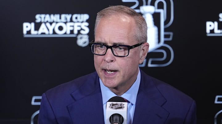 May 5, 2025; Toronto, Ontario, CAN; Florida Panthers head coach Paul Maurice during a post game press conference following game one in the second round of the 2025 Stanley Cup Playoffs against the Toronto Maple Leafs at Scotiabank Arena. Mandatory Credit: John E. Sokolowski-Imagn Images
