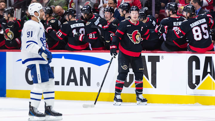 May 1, 2025; Ottawa, Ontario, CAN; Ottawa Senators left wing Brady Tkachuk (7) reacts after a goal in game six of the first round of the 2025 Stanley Cup Playoffs against the Toronto Maple Leafs at Canadian Tire Centre. Mandatory Credit: Marc DesRosiers-Imagn Images