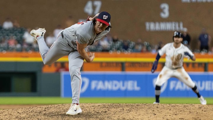 Jun 11, 2024; Detroit, Michigan, USA; Washington Nationals pitcher Kyle Finnegan (67) pitches in the ninth inning against the Detroit Tigers at Comerica Park. Jun 11, 2024; Detroit, Michigan, USA; Washington Nationals pitcher Kyle Finnegan (67) pitches in the ninth inning against the Detroit Tigers at Comerica Park.
