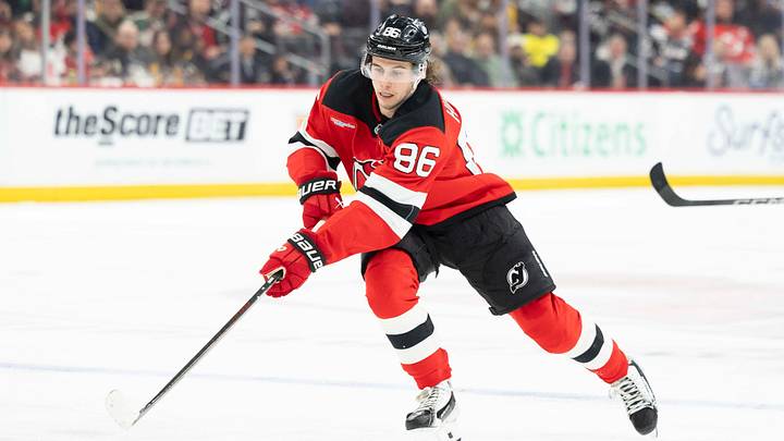 Apr 9, 2026; Newark, New Jersey, USA; New Jersey Devils center Jack Hughes (86) skates with the puck during the second period against the Pittsburgh Penguins at Prudential Center. Mandatory Credit: Luther Schlaifer-Imagn Images