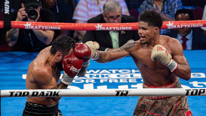 Shakur Stevenson (right) throws a jab against Artem Harutyunyan. Shakur Stevenson (right) throws a jab against Artem Harutyunyan.