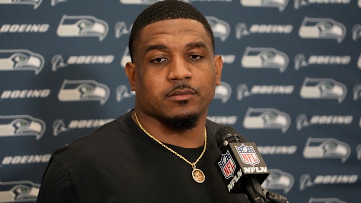 Nov 19, 2023; Inglewood, California, USA; Seattle Seahawks safety Quandre Diggs (6) speaks in a press conference after the game against the Los Angeles Rams at SoFi Stadium. Nov 19, 2023; Inglewood, California, USA; Seattle Seahawks safety Quandre Diggs (6) speaks in a press conference after the game against the Los Angeles Rams at SoFi Stadium.
