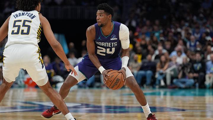 Apr 3, 2026; Charlotte, North Carolina, USA; Charlotte Hornets forward Brandon Miller (24) handles the ball defended by Indiana Pacers guard Ethan Thompson (55) during the second half at Spectrum Center. Mandatory Credit: Jim Dedmon-Imagn Images Apr 3, 2026; Charlotte, North Carolina, USA; Charlotte Hornets forward Brandon Miller (24) handles the ball defended by Indiana Pacers guard Ethan Thompson (55) during the second half at Spectrum Center. Mandatory Credit: Jim Dedmon-Imagn Images