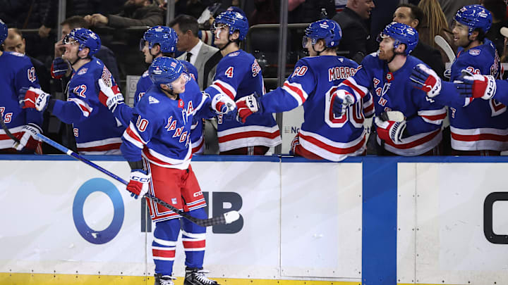 Dec 6, 2025; New York, New York, USA; New York Rangers left wing Artemi Panarin (10) celebrates with his teammates after scoring a goal in the third period against the Colorado Avalanche at Madison Square Garden. Mandatory Credit: Wendell Cruz-Imagn Images Dec 6, 2025; New York, New York, USA; New York Rangers left wing Artemi Panarin (10) celebrates with his teammates after scoring a goal in the third period against the Colorado Avalanche at Madison Square Garden. Mandatory Credit: Wendell Cruz-Imagn Images