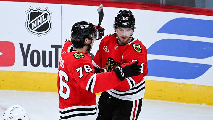 Sep 21, 2026; Chicago, Illinois, USA;  Chicago Blackhawks defenseman Bowen Byram (24) celebrates with  left wing Nick Lardis (76)  after he scored the game winning goal during the overtime period against the Minnesota Wild  at the United Center.  Mandatory Credit: Matt Marton-Imagn Images
