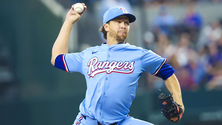 Mar 30, 2025; Arlington, Texas, USA; Texas Rangers starting pitcher Jacob deGrom (48) throws during the third inning against the Boston Red Sox at Globe Life Field. 
