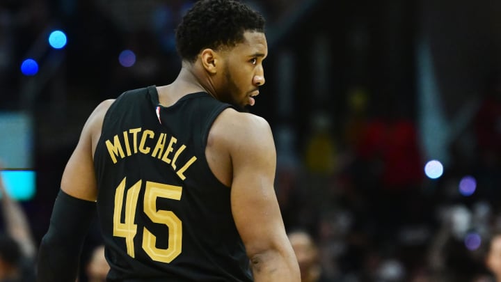 May 5, 2024; Cleveland, Ohio, USA; Cleveland Cavaliers guard Donovan Mitchell (45) reacts after a basket during the second half against the Orlando Magic in game seven of the first round for the 2024 NBA playoffs at Rocket Mortgage FieldHouse. Mandatory Credit: Ken Blaze-USA TODAY Sports May 5, 2024; Cleveland, Ohio, USA; Cleveland Cavaliers guard Donovan Mitchell (45) reacts after a basket during the second half against the Orlando Magic in game seven of the first round for the 2024 NBA playoffs at Rocket Mortgage FieldHouse. Mandatory Credit: Ken Blaze-USA TODAY Sports