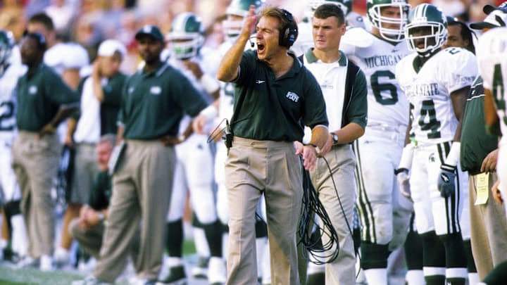 Oct 16, 1999; Wabash, IN, USA; FILE PHOTO; Michigan State Spartans head coach Nick Saban on the sidelines during the game against the Purdue Boilermakers at Ross-Ade Stadium. Mandatory Credit: RVR Photos-Imagn Images Oct 16, 1999; Wabash, IN, USA; FILE PHOTO; Michigan State Spartans head coach Nick Saban on the sidelines during the game against the Purdue Boilermakers at Ross-Ade Stadium. Mandatory Credit: RVR Photos-Imagn Images