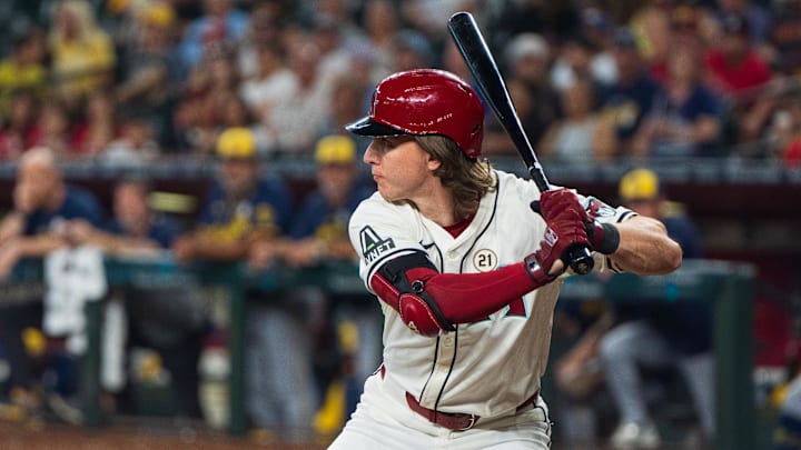 Sep 15, 2024; Phoenix, Arizona, USA; Arizona Diamondbacks outfielder Jake McCarthy (31) at bat in the fifth inning for a game against the Milwaukee Brewers at Chase Field. Mandatory Credit: Allan Henry-Imagn Images Sep 15, 2024; Phoenix, Arizona, USA; Arizona Diamondbacks outfielder Jake McCarthy (31) at bat in the fifth inning for a game against the Milwaukee Brewers at Chase Field. Mandatory Credit: Allan Henry-Imagn Images