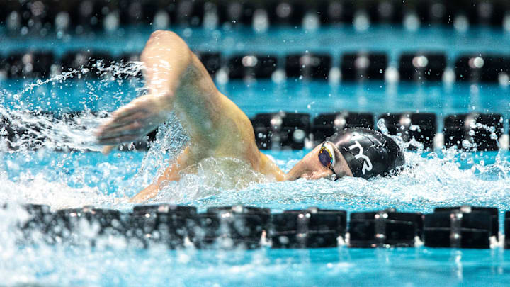 Northwestern junior Liam Gately competes in the 500-yard freestyle during the second day of Big Ten men's swimming and diving championships on Thursday, Feb. 28, 2019, at the Campus Recreation and Wellness Center (CRWC) in Iowa City, Iowa. Gately finished 13th overall, with a time of 4:21.44.190228 B1G Swim 002 Jpg
