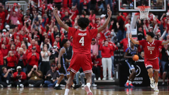 Jan 17, 2026; Lubbock, Texas, USA;  Texas Tech Red Raiders guard Christian Anderson (4) celebrates a three-point shot against the BYU Cougars in the second half at United Supermarkets Arena. Mandatory Credit: Michael C. Johnson-Imagn Images