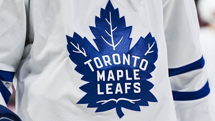 Jan 18, 2025; Montreal, Quebec, CAN; View of a Toronto Maple Leafs logo on a jersey worn by a member of the team during the second period at Bell Centre. Mandatory Credit: David Kirouac-Imagn Images