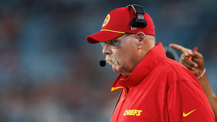 Aug 10, 2024; Jacksonville, Florida, USA; Kansas City Chiefs head coach Andy Reid (red hat) looks on during the third quarter against the Jacksonville Jaguars at EverBank Stadium.