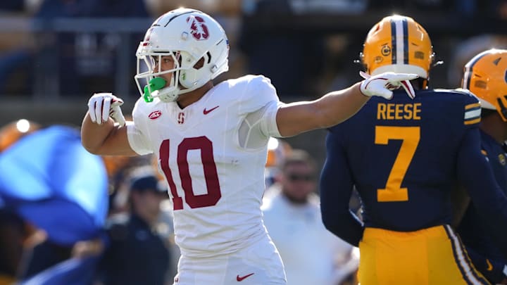 Nov 23, 2024; Berkeley, California, USA; Stanford Cardinal wide receiver Emmett Mosley V (10) gestures after catching a pass against the California Golden Bears during the first quarter at California Memorial Stadium. Mandatory Credit: Darren Yamashita-Imagn Images