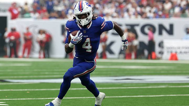 Buffalo Bills running back James Cook III (4) runs with the ball against the Houston Texans during the first quarter at Reliant Stadium. Buffalo Bills running back James Cook III (4) runs with the ball against the Houston Texans during the first quarter at Reliant Stadium.