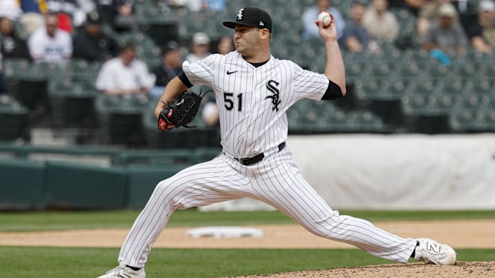 May 1, 2025; Chicago, Illinois, USA; Chicago White Sox relief pitcher Jared Shuster (51) delivers a pitch against the Milwaukee Brewers during the ninth inning at Rate Field. Mandatory Credit: Kamil Krzaczynski-Imagn Images