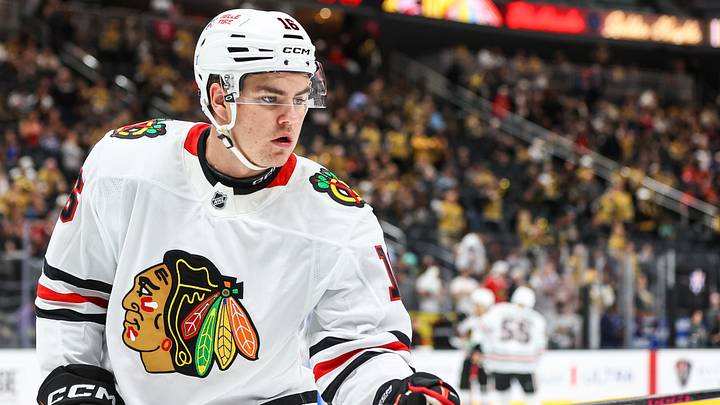 Sep 29, 2026; Las Vegas, Nevada, USA;  Chicago Blackhawks center Anton Frondell (16) warms up before the game against the Vegas Golden Knights at T-Mobile Arena. Mandatory Credit: Christopher Trim-Imagn Images