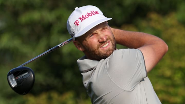 Jun 12, 2025; Oakmont, Pennsylvania, USA; Wyndham Clark plays his shot from the first tee during the first round of the U.S. Open golf tournament. Mandatory Credit: Charles LeClaire-Imagn Images