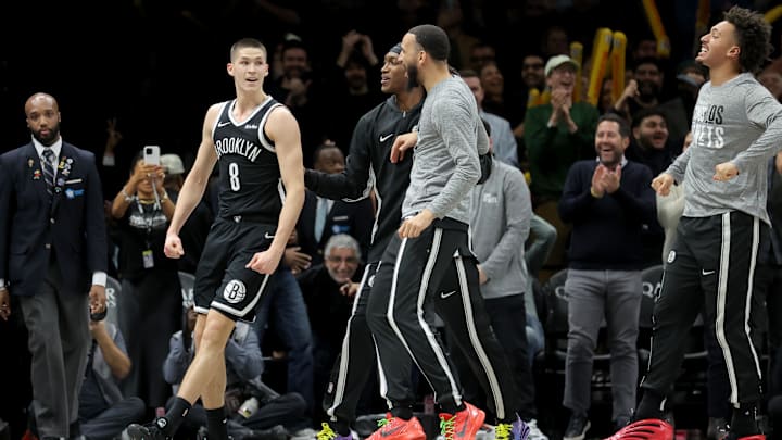 Jan 7, 2026; Brooklyn, New York, USA; Brooklyn Nets guard Egor Demin (8) celebrates his three point shot against the Orlando Magic with teammates during overtime at Barclays Center. Mandatory Credit: Brad Penner-Imagn Images Jan 7, 2026; Brooklyn, New York, USA; Brooklyn Nets guard Egor Demin (8) celebrates his three point shot against the Orlando Magic with teammates during overtime at Barclays Center. Mandatory Credit: Brad Penner-Imagn Images
