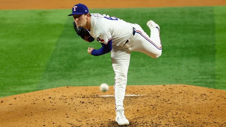 May 27, 2025; Arlington, Texas, USA; Texas Rangers relief pitcher Jacob Latz (67) throws during the third inning against the Toronto Blue Jays at Globe Life Field. May 27, 2025; Arlington, Texas, USA; Texas Rangers relief pitcher Jacob Latz (67) throws during the third inning against the Toronto Blue Jays at Globe Life Field.