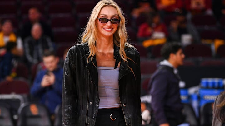 Los Angeles Sparks forward Cameron Brink looks on before the women’s college basketball game between the Notre Dame Fighting Irish and the USC Trojans.