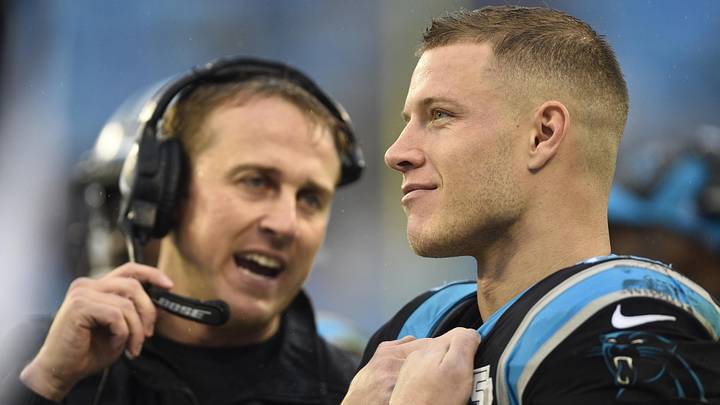 Former Carolina Panthers running back Christian McCaffrey and ex-running backs coach Jake Peetz.