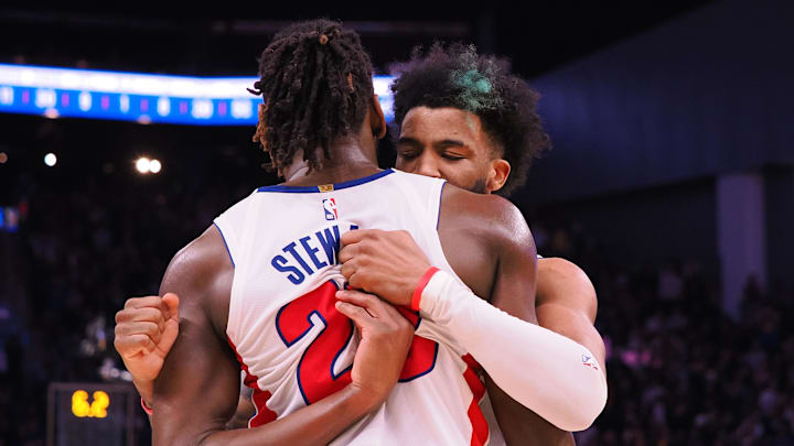 Jan 4, 2023; San Francisco, California, USA; Detroit Pistons small forward Saddiq Bey (41) hugs
