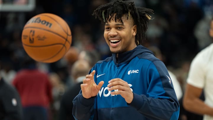 Nov 1, 2024; Minneapolis, Minnesota, USA; Minnesota Timberwolves guard Terrence Shannon Jr. (00) warms up for the game against the Denver Nuggets at Target Center. Mandatory Credit: Matt Blewett-Imagn Images