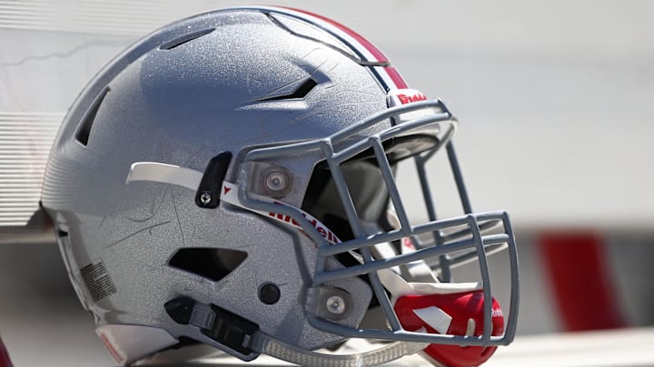 Apr 16, 2016; Columbus, OH, USA; A general view of an Ohio State football helmet on the sidelines during the Ohio State Spring Game at Ohio Stadium. Mandatory Credit: Aaron Doster-Imagn Images