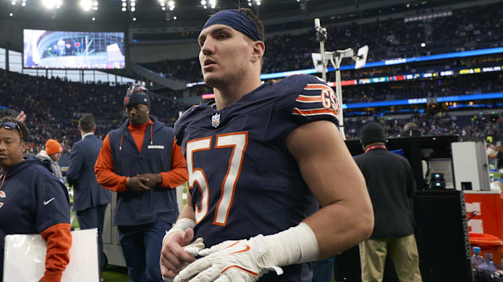 Chicago Bears linebacker Jack Sanborn after an NFL International Series game at Tottenham Hotspur Stadium. Chicago Bears linebacker Jack Sanborn after an NFL International Series game at Tottenham Hotspur Stadium.