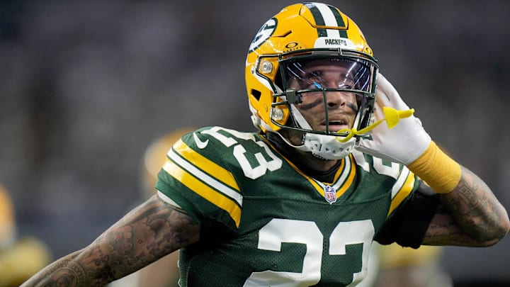 Green Bay Packers cornerback Jaire Alexander (23) reacts after intercepting a pass during the first quarter of the wild card playoff game against the Dallas Cowboys Sunday, January 14, 2024 at AT&T Stadium in Arlington, Texas.