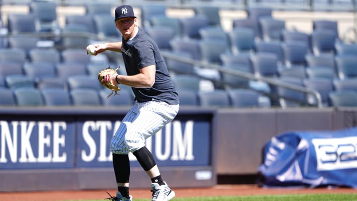 Apr 22, 2024; Bronx, New York, USA; New York Yankees third baseman DJ LeMahieu (26) takes infield