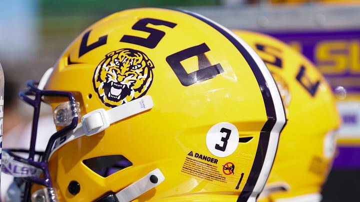 LSU Tigers helmet against the Missouri Tigers during the first half at Faurot Field at Memorial Stadium. 