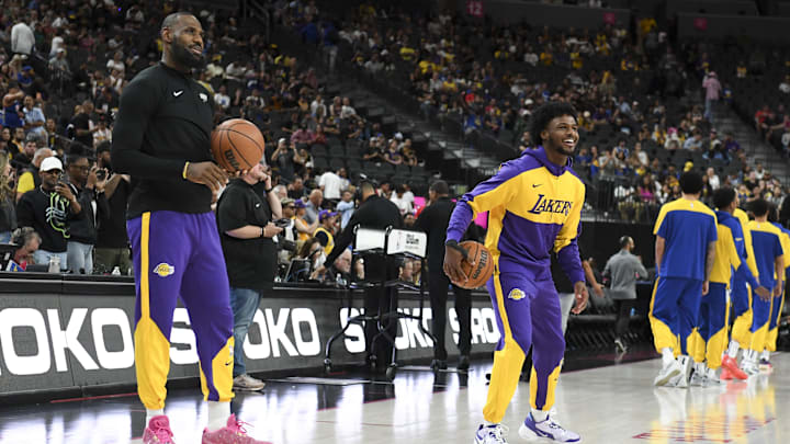 Oct 15, 2024; Las Vegas, Nevada, USA; Los Angeles Lakers forward LeBron James (23) warms up with guard Bronny James (9) before the preseason game against the Golden State Warriors at T-Mobile Arena. Mandatory Credit: Candice Ward-Imagn Images Oct 15, 2024; Las Vegas, Nevada, USA; Los Angeles Lakers forward LeBron James (23) warms up with guard Bronny James (9) before the preseason game against the Golden State Warriors at T-Mobile Arena. Mandatory Credit: Candice Ward-Imagn Images