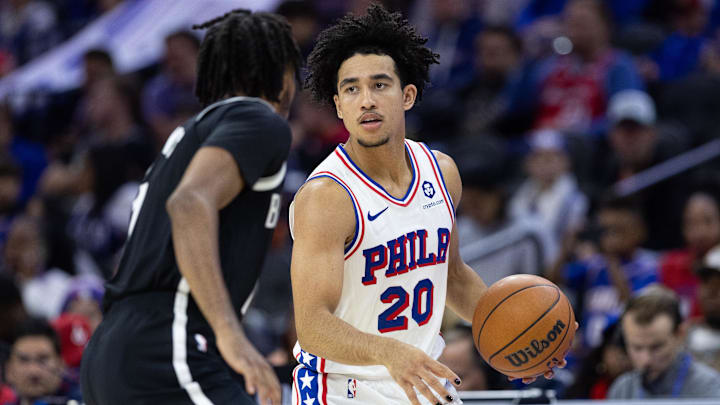 Oct 16, 2024; Philadelphia, Pennsylvania, USA; Philadelphia 76ers guard Jared McCain (20) in action against the Brooklyn Nets at Wells Fargo Center. Mandatory Credit: Bill Streicher-Imagn Images