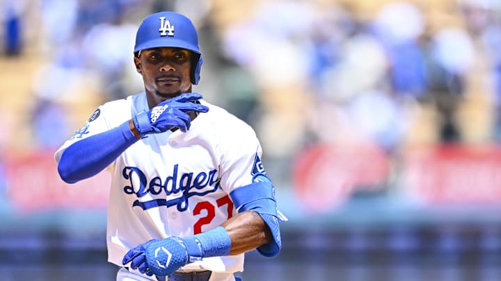 Los Angeles Dodgers outfielder Esteury Ruiz (27) rounds the bases after he hit a solo home run against the Milwaukee Brewers during the fifth inning at Dodger Stadium. Los Angeles Dodgers outfielder Esteury Ruiz (27) rounds the bases after he hit a solo home run against the Milwaukee Brewers during the fifth inning at Dodger Stadium.